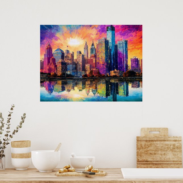 Detroit Skyline Färgglad Abstrakt Konst Affisch  (Kök)