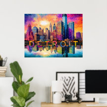 Detroit Skyline Färgglad Abstrakt Konst Poster