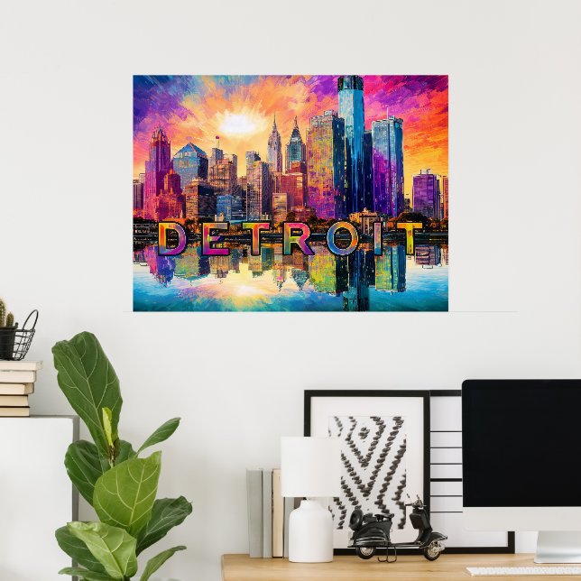 Detroit Skyline Färgglad Abstrakt Konst Poster  (Hemmakontoret)