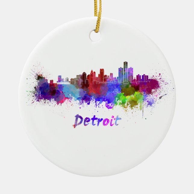 Detroit skyline in watercolor julgransprydnad keramik (Framsidan)