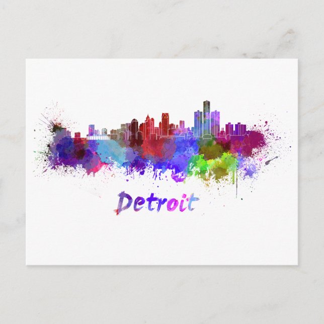 Detroit skyline in watercolor vykort (Framsida)