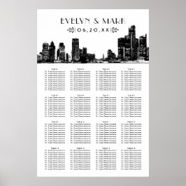 Detroit Skyline Svart Art Deco Bröllopsplacering Poster