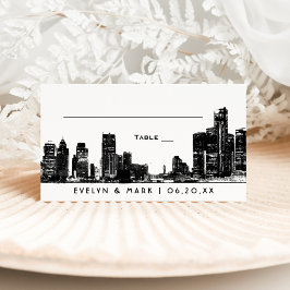 Detroit Skyline Svart Art Deco Monogram Bröllop Placeringskort