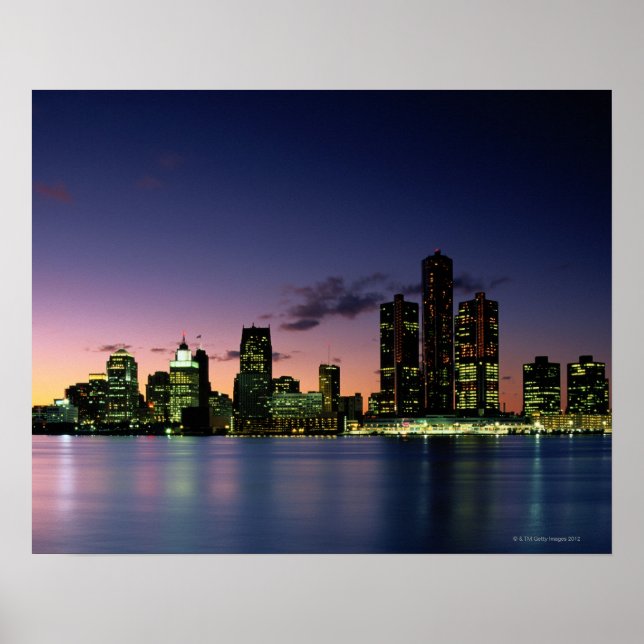 Detroit Skyline vid Dusk 2 Poster (Framsidan)