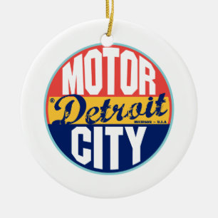 Detroit vintageetikett julgransprydnad keramik