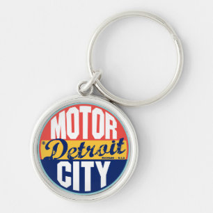 Detroit vintageetikett rund silverfärgad nyckelring