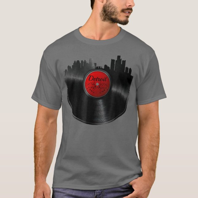 Detroit Vinyl DJ Techno Music Skyline Gift T Shirt (Framsida)