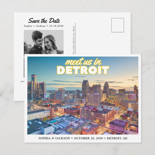 Detroit Wedding Save the Date Skyline Postcard Vykort (Fram/baksida)