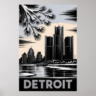 Detroits siluett i svartvitt träsnitt vinter poster