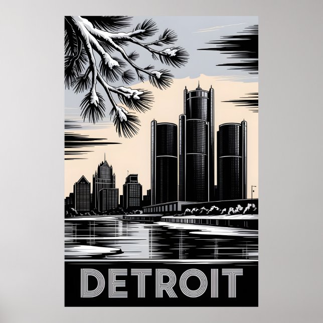 Detroits siluett i svartvitt träsnitt vinter poster (Framsidan)