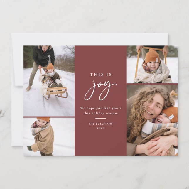 Detta är Joy Red Minimalist Multi-Photo Julkort (Framsida)