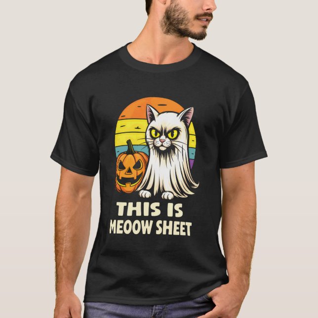 Detta är Meoow Sheet Groovy Ghost Cat Halloween Mi T Shirt (Framsida)