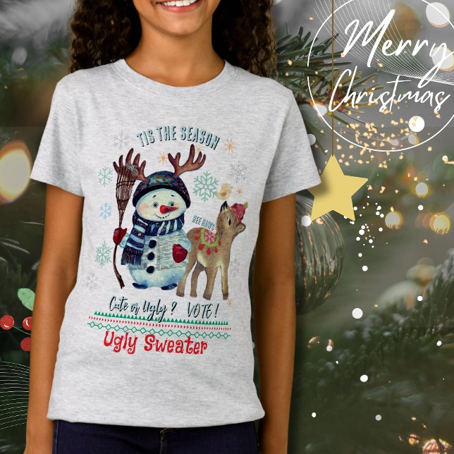 Detta är säsongen - Cute eller Ugly Snögubbe & Don T Shirt (Tis the Season- Cute or Ugly Snowman & Donkey T-Shirt)