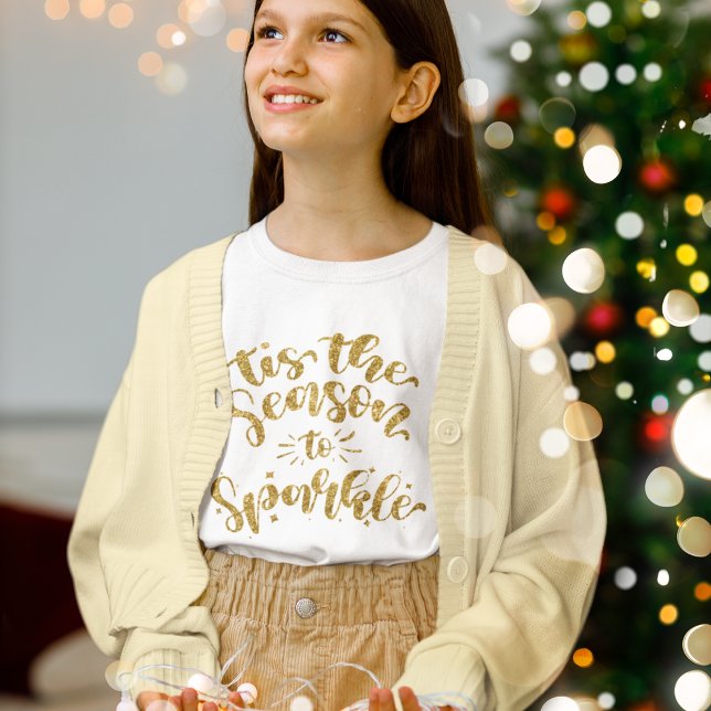 Detta är säsongen för Gnistra Guld Faux Glitter T Shirt (Fun festive tee for all the family!)