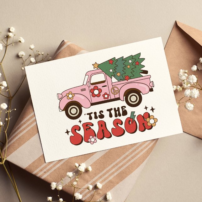 Detta är säsongens Rosa Retro som föreskrev jul Kort (Tis The Season Non Photo Holiday Greeting Card Retro Pink Country Christmas Tree Pick Up Truck )