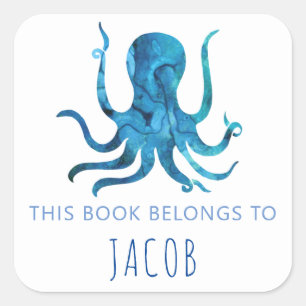 Detta Tillhör Bok till Kids Octopus Nautical Blue Fyrkantigt Klistermärke