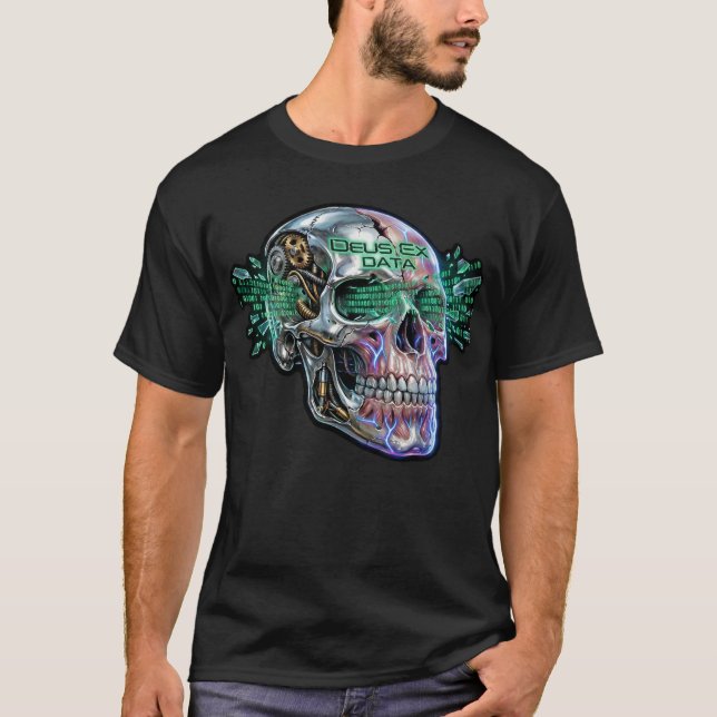 Deus Ex Data – Cyberpunk Skull T-Shirt Design (Framsida)