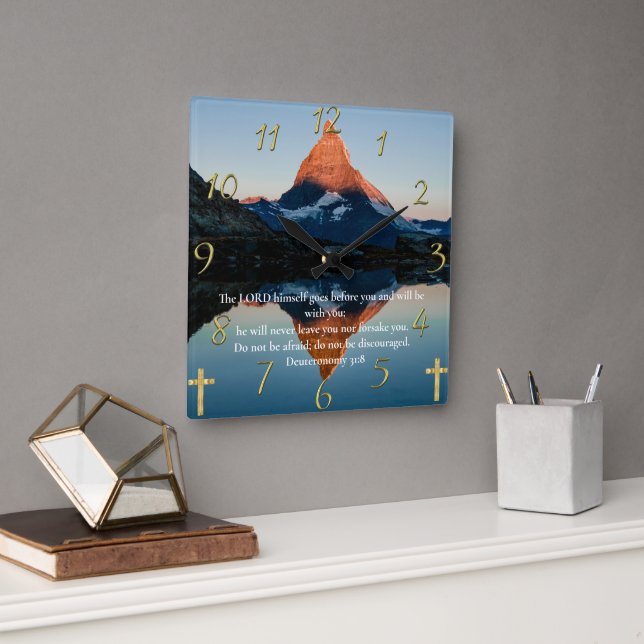 Deuteronomi 31:8 Christian Faith moutain sjö Fyrkantig Klocka (Kontor)