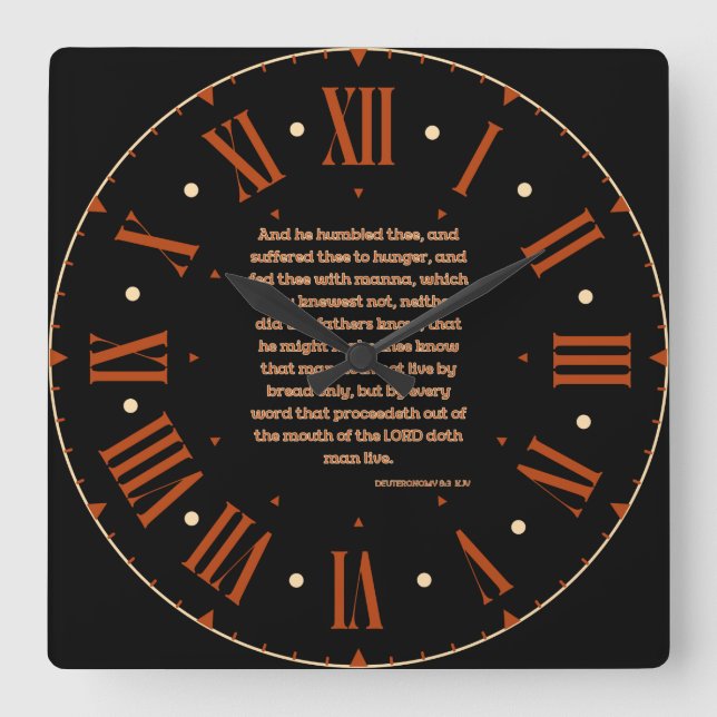Deuteronomi 8:3 KJV Bible Verse Roman Numeral Fyrkantig Klocka (Framsida)