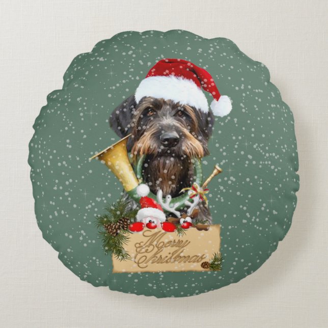 Deutsch Drahthaar, God jul! Nätknapp Rund Kudde (Framsidan)