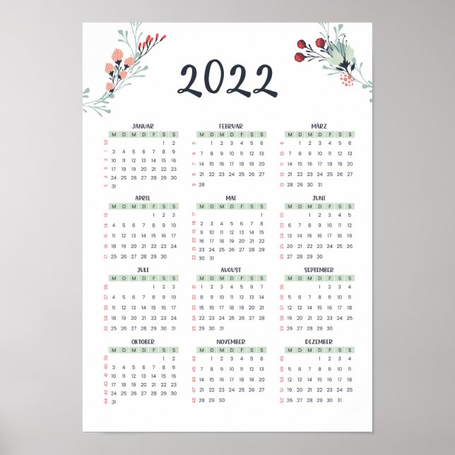 Deutscher Jahreskalender mit KW 2022 A3 Grösse Poster (Framsidan)