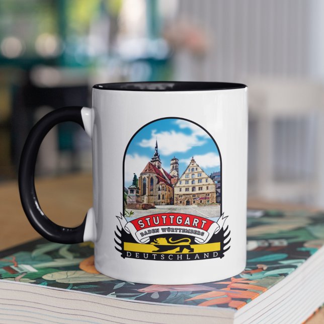 Deutschland Stuttgart Vintage souvenir Mugg (Stuttgart: Vergangenheit in Gelb-Schwarz auf Vintage-Tassen verewigt.)