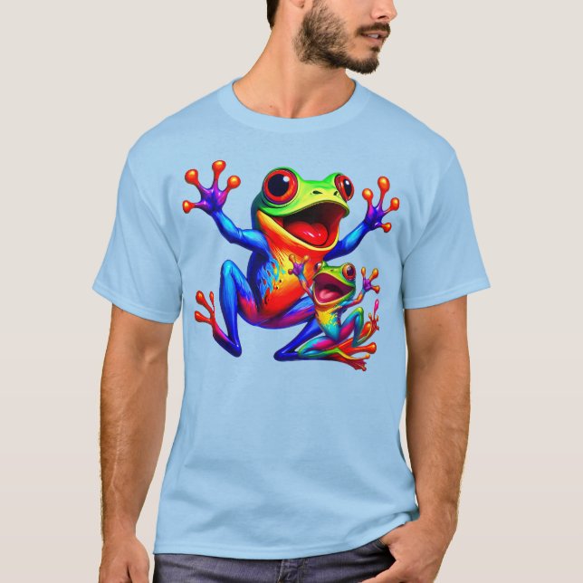 Deux grenouilles colorées qui sautent de joie. t shirt (Framsida)