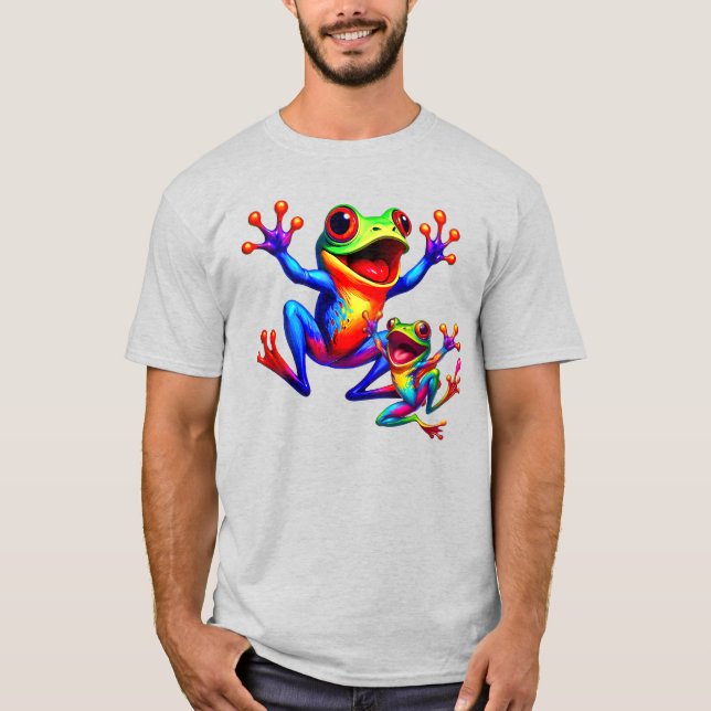 Deux grenouilles colorées qui sautent de joie. t shirt (Framsida)