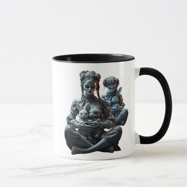 Deux poupées câlinent leurs doux lapins. mugg (Höger)
