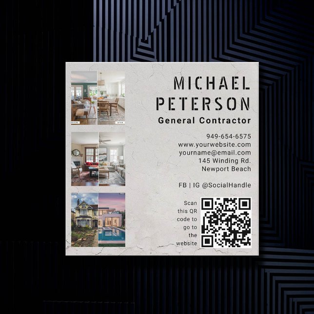 Developer QR Code 3-foton för Construction Builder Fyrkantigt Visitkort (construction company builder remodeling QR 3 photos business card stucco simple minimalist modern)