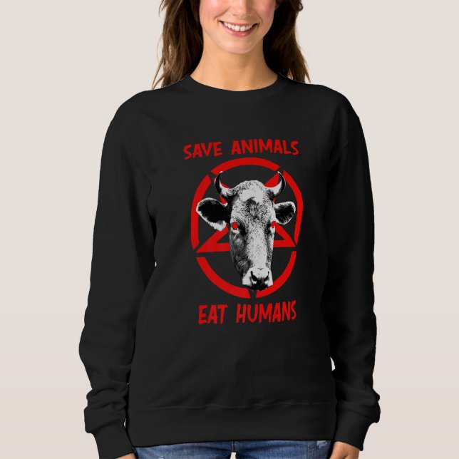 Devil Cow Save Animals Eat Humans Satan 666 Vegan  T Shirt (Framsida)