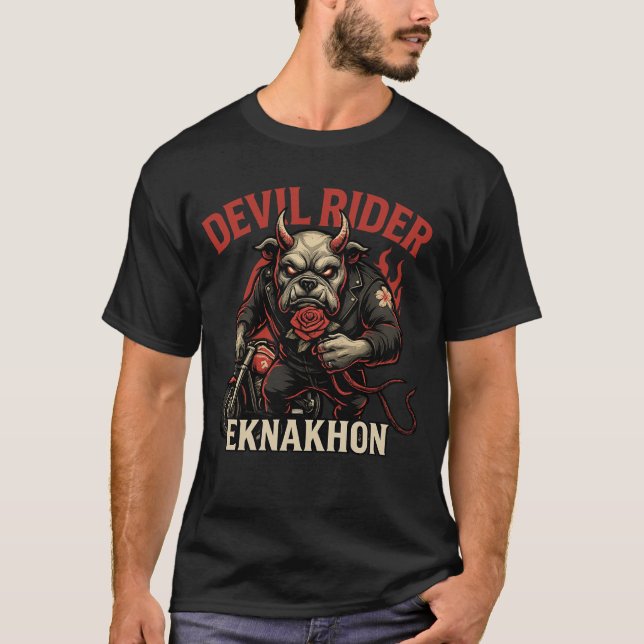 Devil Rider – Demon Bulldog Biker Tee by EKNAKHON (Framsida)