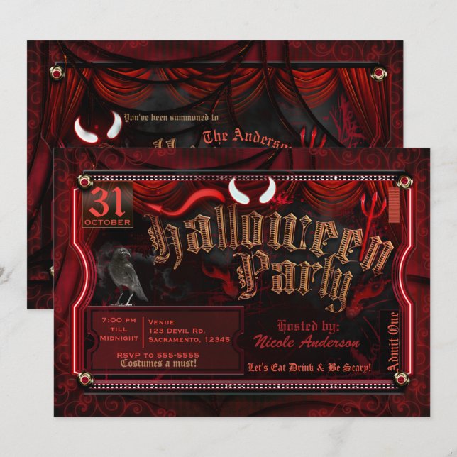 Devilish Halloween Costume Party Admit One Party Inbjudningar (Fram/baksida)