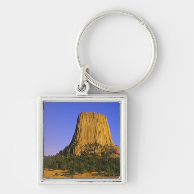 Devils Tower National Monument i Wyoming Fyrkantig Silverfärgad Nyckelring (Framsidan)