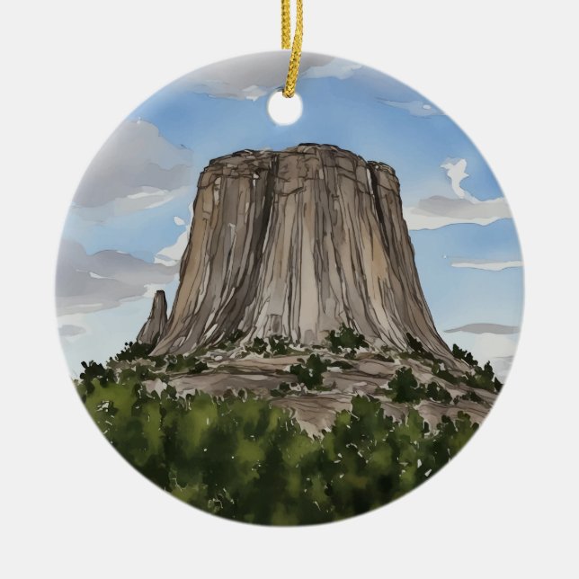 Devils Tower National Monument Wyoming Akvarell Julgransprydnad Keramik (Framsidan)