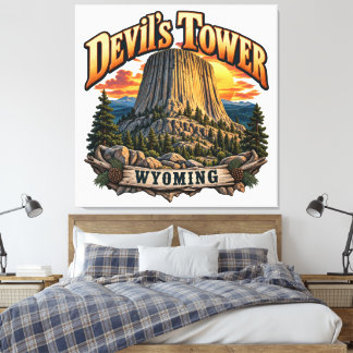 Devil's Tower Wyoming Retro Solnedgång Grafik Canvastryck
