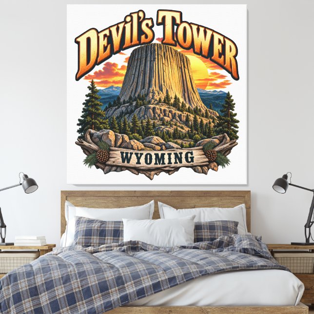 Devil's Tower Wyoming Retro Solnedgång Grafik Canvastryck (Insitu (sovrum))