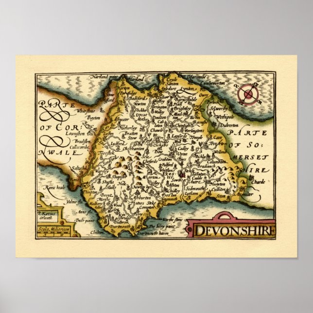 Devon (Devonshire) County England Antiquarian Kart Poster (Framsidan)
