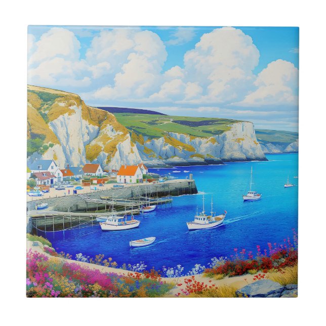"Devon Harbour Dreamscape" - Ett engelskt Sjölands Kakelplatta (Framsidan)