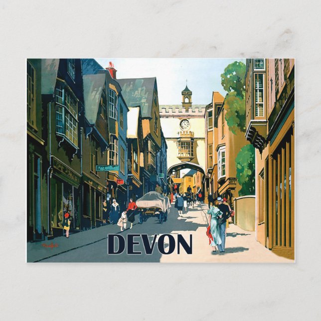 Devon, hus i stadskärnan, vintage resebild vykort (Framsida)
