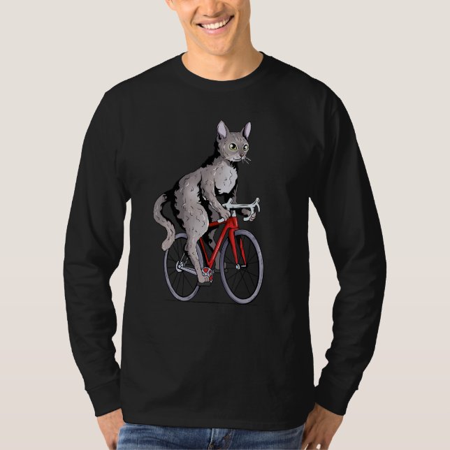 Devon Rex Cat Riding Bicycle Cute Biker Cyclist T Shirt (Framsida)