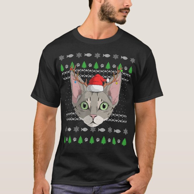 Devon Rex Cat Santa Claus Hat Ugly Christmas Patte T Shirt (Framsida)