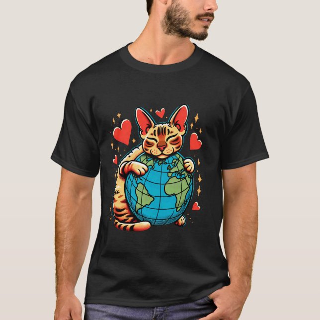 Devon Rex Katt Jordens Dag Kram Älska Ägare Planet T Shirt (Framsida)