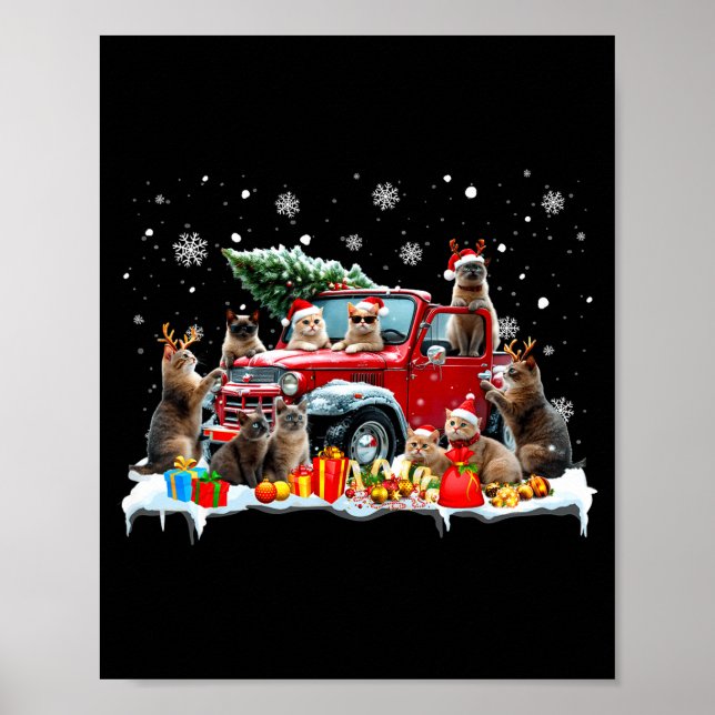 Devon Rex Katt Röd Lastbil Julgran Tomte Ful  Poster (Framsidan)