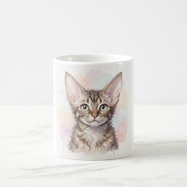 Devon Rex Katt Vattenfärg Porträtt Kaffemugg (Center)