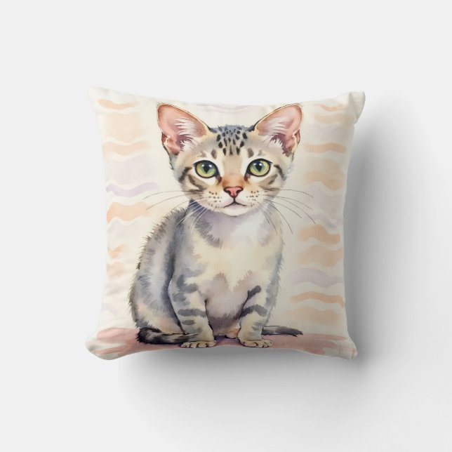 Devon Rex Katt Vattenfärg Vågig Linje Konst Kudde (Framsida)