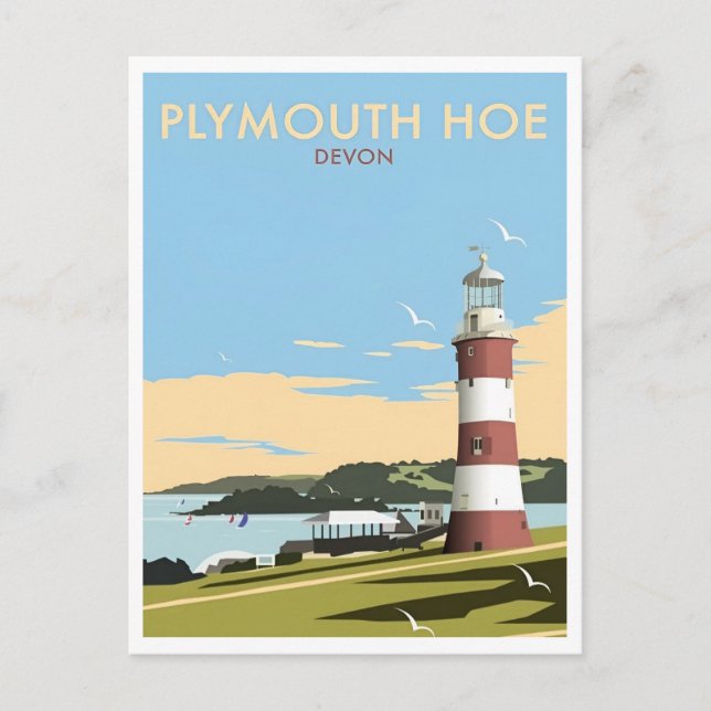 Devon UK Plymouth Lighthouse Travel Retro Inspired Vykort (Framsida)