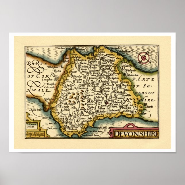 Devonshire Devon County Karta, England Poster (Framsidan)