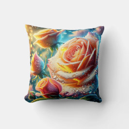 "Dew-Kissed Rosa, Orange och Gul ros" Kudde