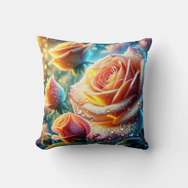 "Dew-Kissed Rosa, Orange och Gul ros" Kudde (Framsida)